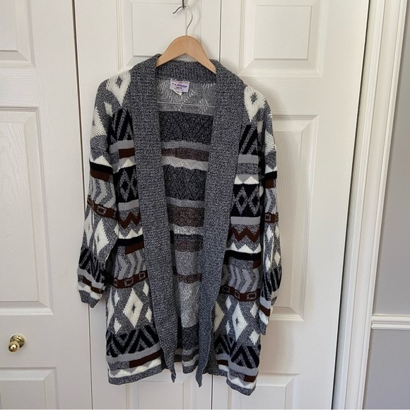 Vintage Southwestern Aztec Tribal Long Line Open Front Knit Cardigan Sweater - Picture 2 of 9